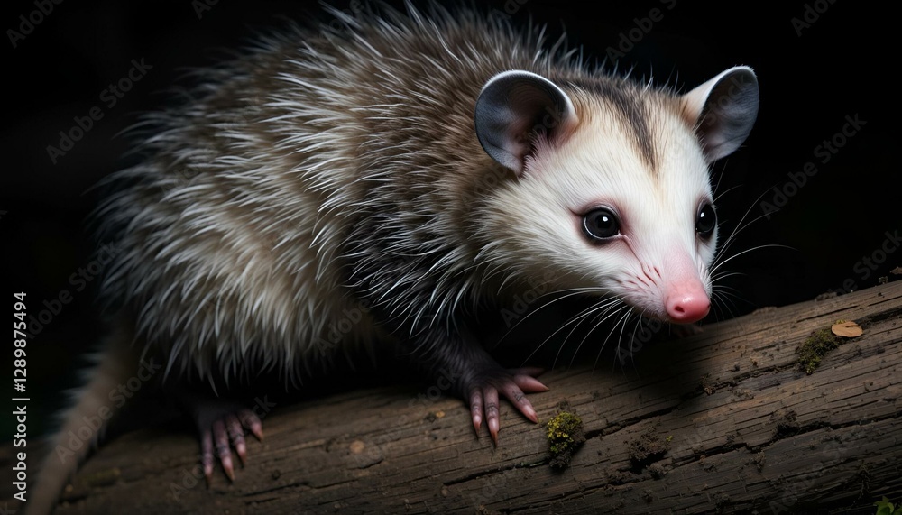 North american opossum on a log at night with detailed fur and a pink nose captured in low light showing its nocturnal nature and mysterious presence North american opossum on a log at night with detailed fur and a pink nose captured in low light showing its nocturnal nature and mysterious presence