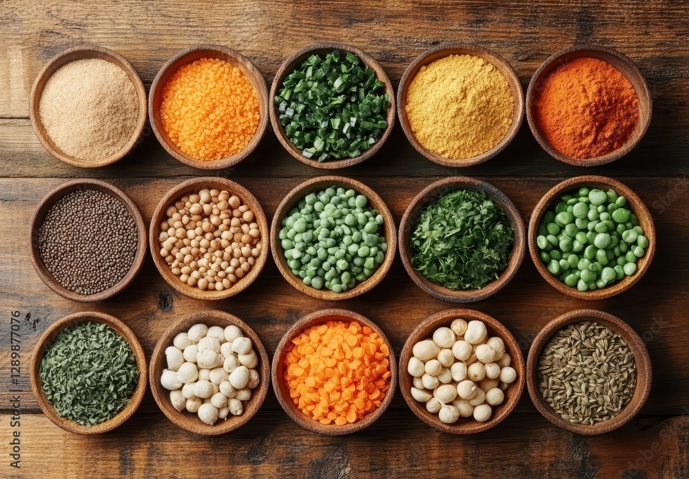 Vibrant Array of Spices and Herbs in Wooden Bowls on Rustic Wooden Background Capturing the Essence of Culinary Art and Organic Cooking Inspiration Vibrant Array of Spices and Herbs in Wooden Bowls on Rustic Wooden Background Capturing the Essence of Culinary Art and Organic Cooking Inspiration