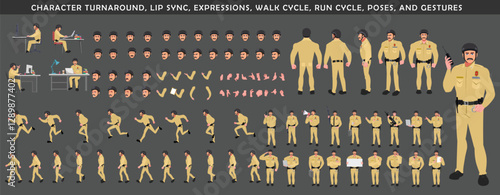 
Police Officer Character Design Model Sheet. Man, Character design. Front, side, back view and explainer animation poses. Character set with lip sync and Walk cycle animation sequences.
