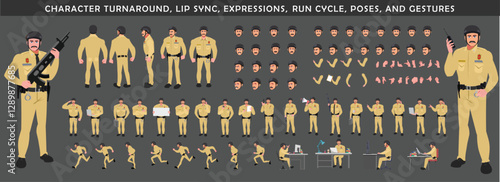 
Police Officer Character Design Model Sheet. Man, Character design. Front, side, back view and explainer animation poses. Character set with lip sync and Walk cycle animation sequences.
