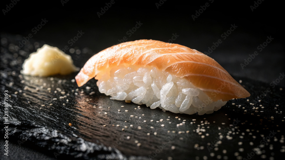 Fresh sushi with salmon on dark slate plate, garnished with wasabi Fresh sushi with salmon on dark slate plate, garnished with wasabi