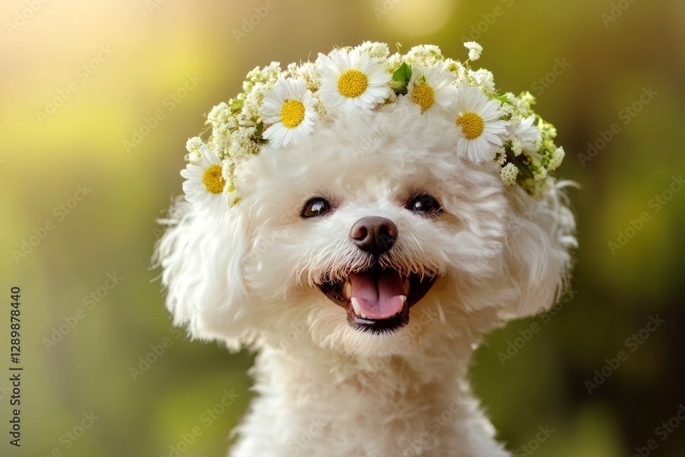 Cute baby dog bichon frise wearing fierce flower circlet on its head. Sunny daylight. Summertime happiness. Small dog with a floral wreath. Young puppy with natural elegance. Cute baby dog bichon frise wearing fierce flower circlet on its head. Sunny daylight. Summertime happiness. Small dog with a floral wreath. Young puppy with natural elegance.
