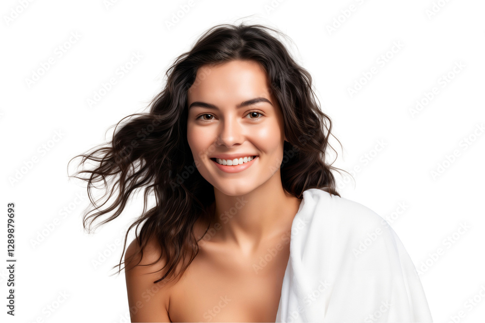 Smiling beautiful woman with a white towel on her shoulder, beauty concept, isolated on transparent background Smiling beautiful woman with a white towel on her shoulder, beauty concept, isolated on transparent background