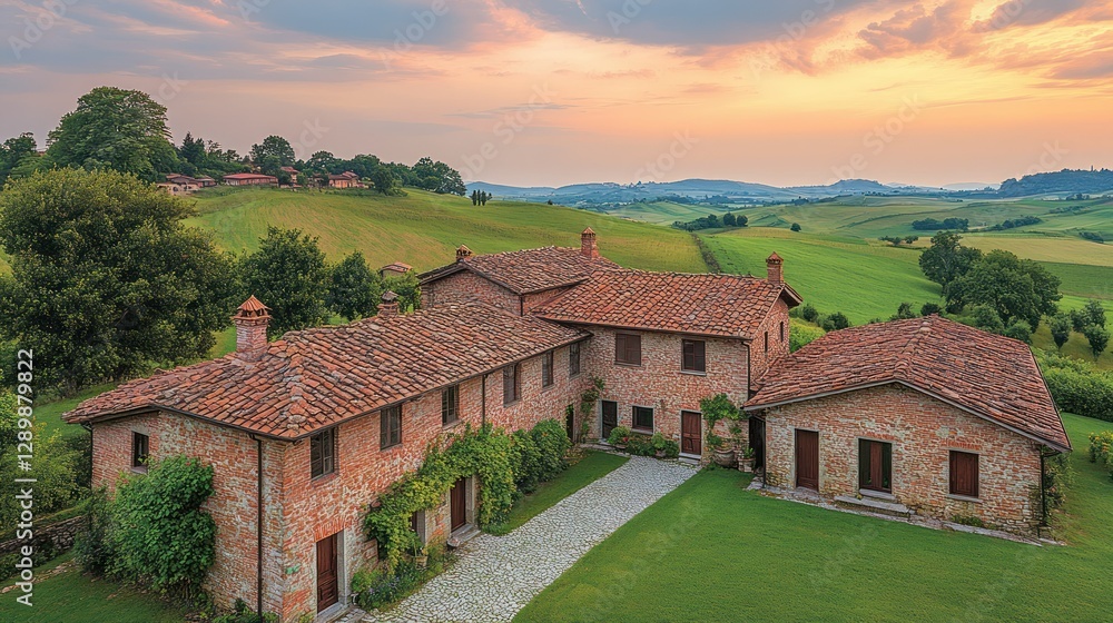 Fototapeta premium Tuscan Farmhouse Sunset: Rolling Hills and Brick Architecture