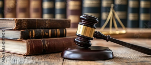 Gavel and legal books on a wooden table, representing the court and legal proceedings.