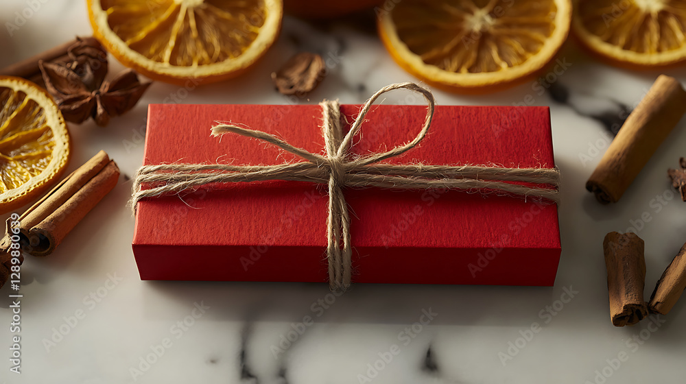 captivating close up captures red gift box, radiating warmth and anticipation with dried oranges, cinnamon sticks, and star anise on marble backdrop captivating close up captures red gift box, radiating warmth and anticipation with dried oranges, cinnamon sticks, and star anise on marble backdrop