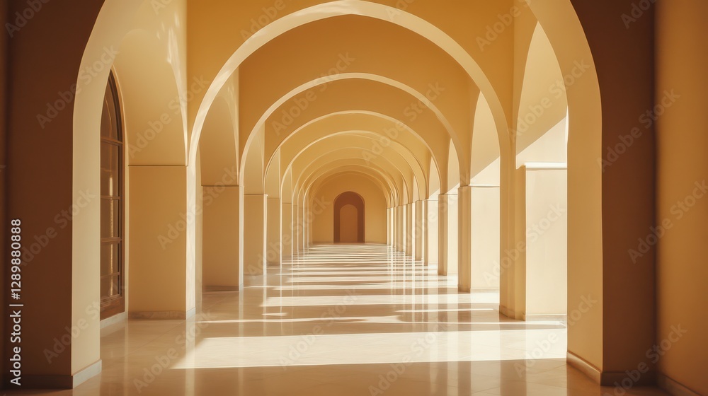 Obraz premium Serene Archways in Sunlit Corridor with Soft Shadows and Warm Tones