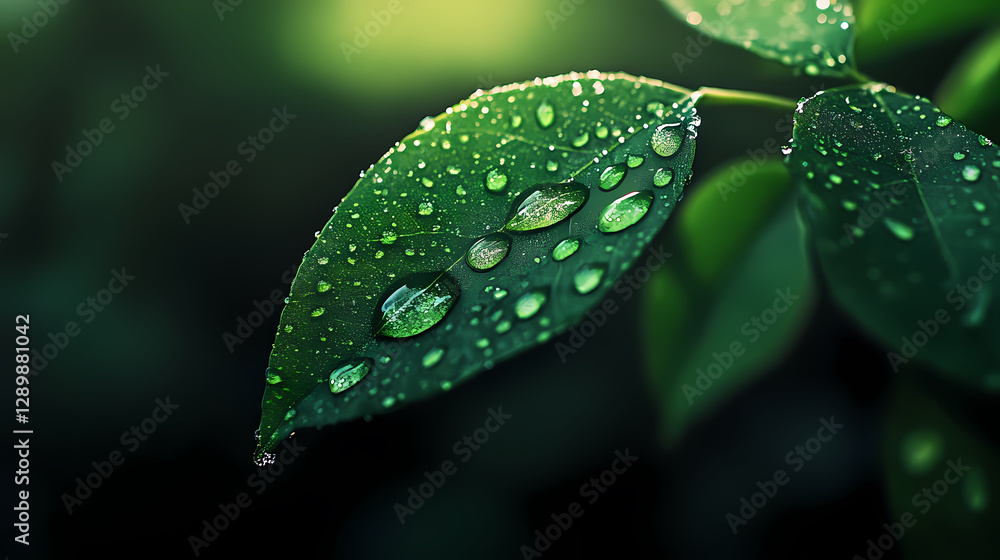 Green leaf with water droplets on a fresh background Green leaf with water droplets on a fresh background