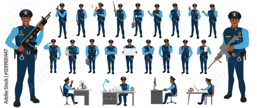 
Police Officer Character Design Model Sheet. Man, Character design. Front, side, back view and explainer animation poses. Character set with lip sync and Walk cycle animation sequences.
