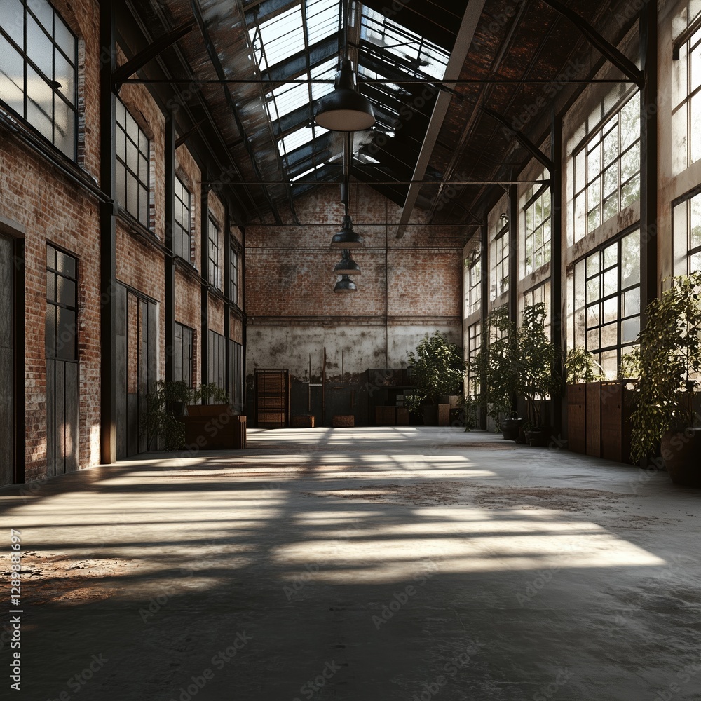 An abandoned industrial warehouse with large windows flooding the space with natural light. Rustic brick walls and plants create a unique, creative atmosphere for projects or design. An abandoned industrial warehouse with large windows flooding the space with natural light. Rustic brick walls and plants create a unique, creative atmosphere for projects or design.