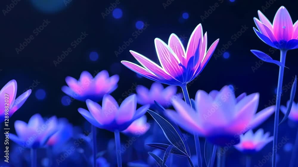 Field of Glowing Flowers with Vibrant Pink and Purple Hues Under Starry Night Sky Creates Magical and Serene Atmosphere with Luminescent Petals Standing Out Beautifully Night, Evoking Sense of Wonder Field of Glowing Flowers with Vibrant Pink and Purple Hues Under Starry Night Sky Creates Magical and Serene Atmosphere with Luminescent Petals Standing Out Beautifully Night, Evoking Sense of Wonder