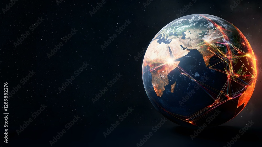 Naklejka premium A digital rendering of planet Earth, set against a backdrop of space, shows glowing lines connecting various points across its surface, suggesting global connectivity.