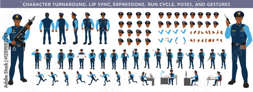 
Police Officer Character Design Model Sheet. Man, Character design. Front, side, back view and explainer animation poses. Character set with lip sync and Walk cycle animation sequences.

