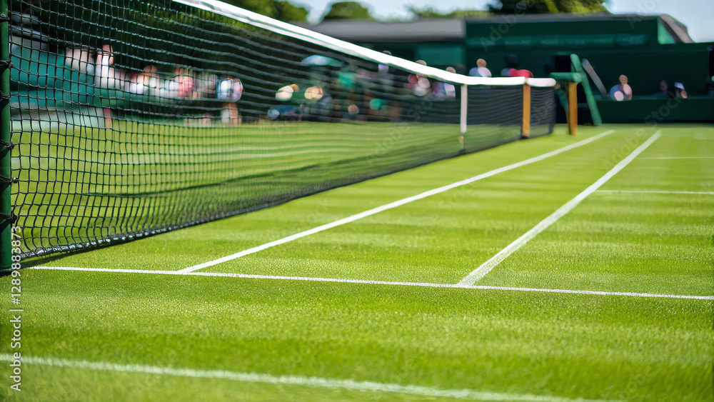 Fototapeta premium vibrant tennis court with freshly cut grass and netting, ready for play