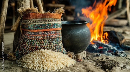 Traditional Rice Cooking, Rural Hut, Fire, Warmth