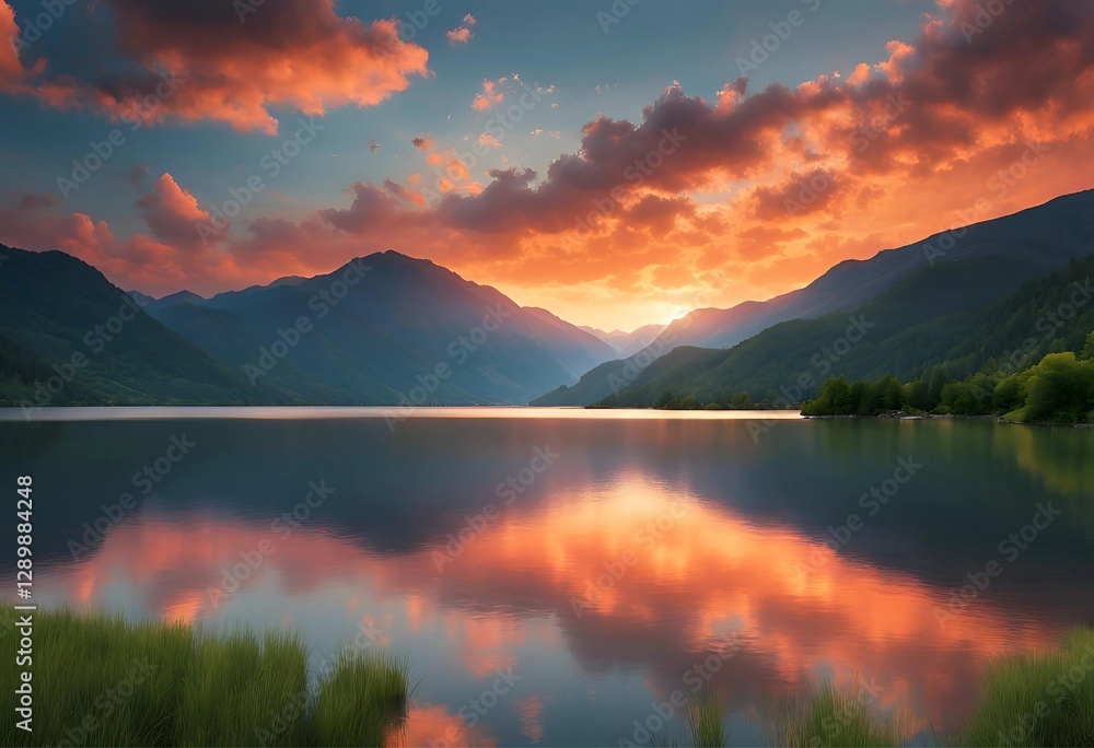 Fototapeta premium Mountain Lake at Twilight: Scenic View with Sunset Hues and Calm Water