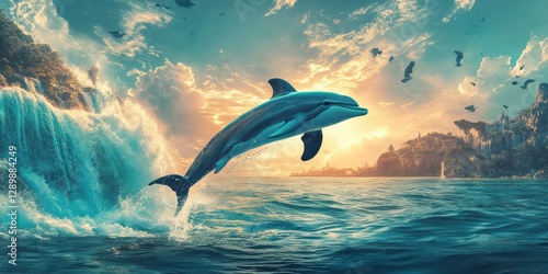 Dolphin leaps from ocean near waterfall and coastal landscape