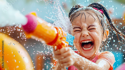 cheerful young girl is joyfully playing with water blaster, splashing water everywhere. Her laughter and excitement create fun atmosphere