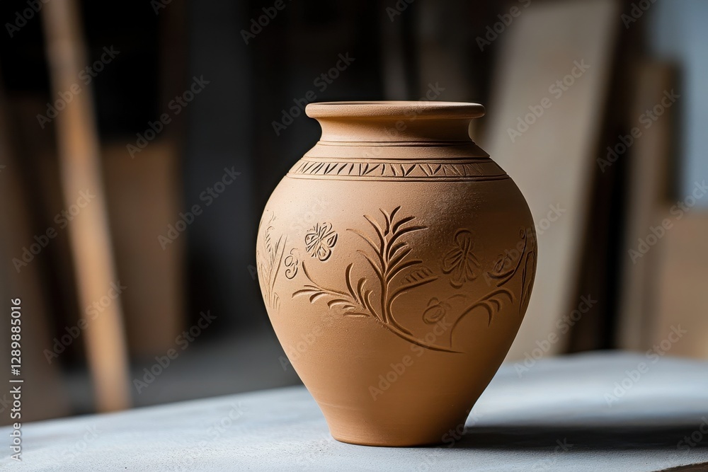 Clay Pot with Intricate Floral Patterns and Natural Earthy Tone in Artisan Studio Clay Pot with Intricate Floral Patterns and Natural Earthy Tone in Artisan Studio