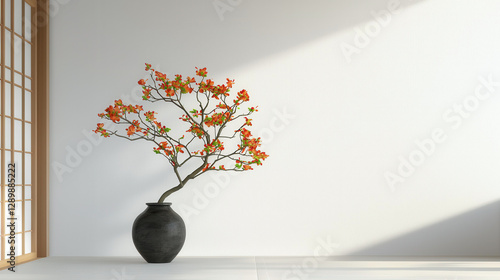 minimalist interior featuring black vase with flowering branch, creating serene atmosphere