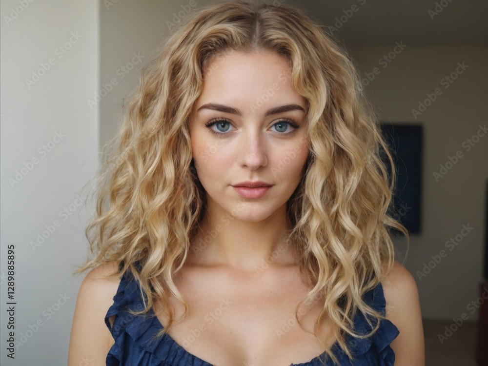 Fototapeta premium A close-up portrait of a young woman with beautiful, wavy blonde hair and captivating blue eyes. She exudes confidence and charm, suitable for beauty and fashion themes.
