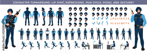 
Police Officer Character Design Model Sheet. Man, Character design. Front, side, back view and explainer animation poses. Character set with lip sync and Walk cycle animation sequences.
