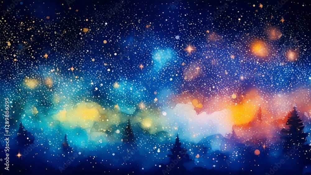 Naklejka premium 魔法のような水彩風のキラキラ夜空 AI生成素材