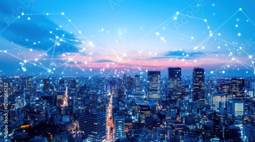 Wallpaper Mural Connected city skyline at twilight, showing network connections. Torontodigital.ca