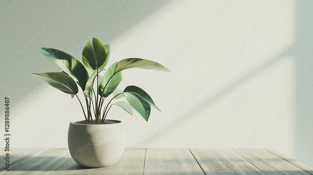 Minimalist indoor plant in a pot on a wooden table against a plain wall with natural light Minimalist indoor plant in a pot on a wooden table against a plain wall with natural light