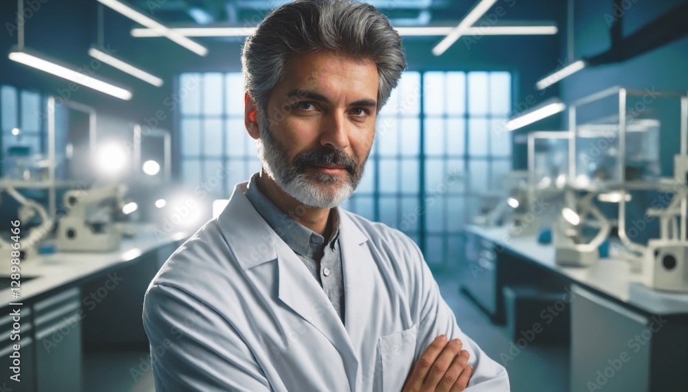 A confident scientist in a white lab coat stands in a modern lab filled with advanced instruments, embodying expertise and dedication to his innovative research. A confident scientist in a white lab coat stands in a modern lab filled with advanced instruments, embodying expertise and dedication to his innovative research.