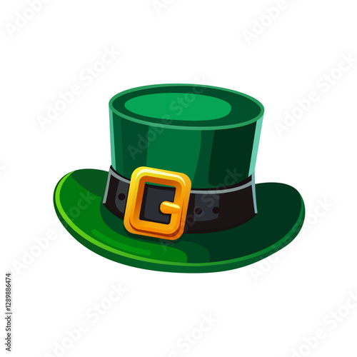 Green leprechaun hat. St Patrick's Day character. Symbol for Saint Patrick’s Day. Leprechaun hat with shamrocks for postcard, banner, poster, cover, holiday design
