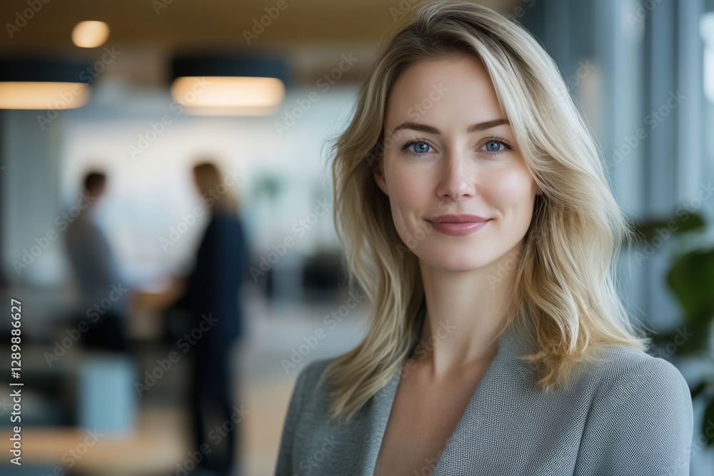 A confident businesswoman with blonde hair smiles warmly against a modern office backdrop, exuding approachability and competence, ideal for corporate themes. A confident businesswoman with blonde hair smiles warmly against a modern office backdrop, exuding approachability and competence, ideal for corporate themes.