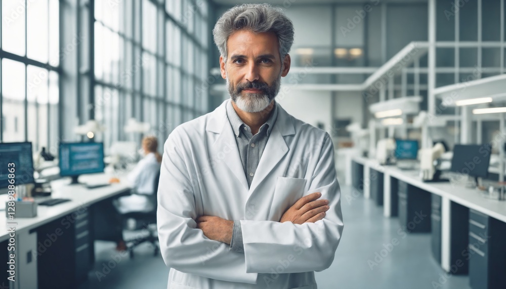 Fototapeta premium A confident middle-aged male scientist stands with arms crossed in a modern lab, illuminated by natural light, showcasing cutting-edge equipment and a professional atmosphere.