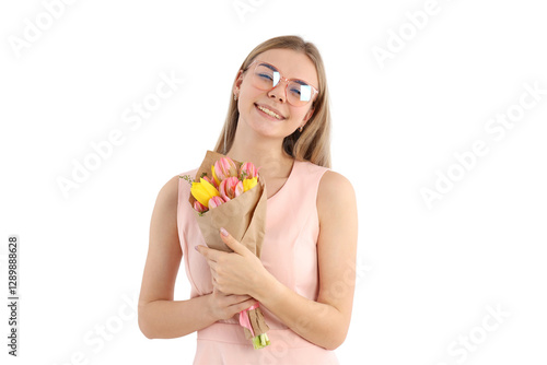 PNG, March 8. Girl holding flowers in her hands, isolated on white background.