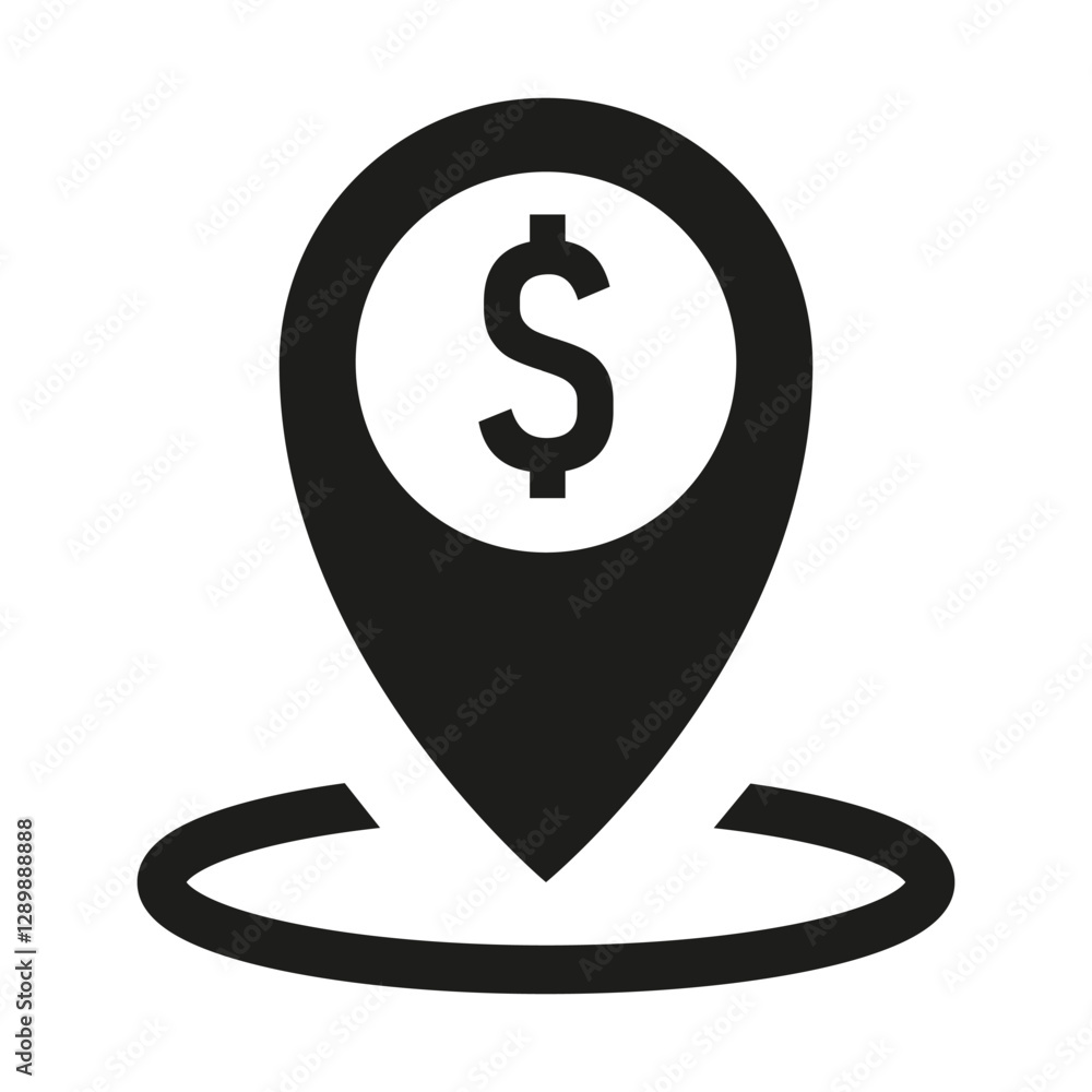 Money location icon. Dollar symbol. Finance navigation. Black simple marker. Money location icon. Dollar symbol. Finance navigation. Black simple marker.