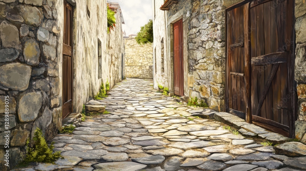 Cobblestone alleyway in a historic European village. Cobblestone alleyway in a historic European village.