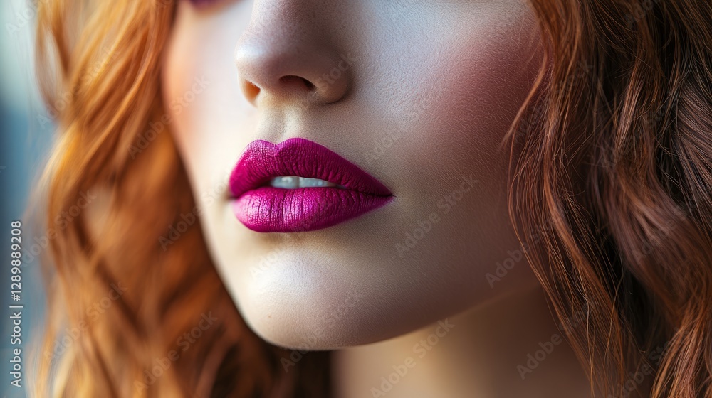 A model with vibrant pink lips, half-lit face, exuding bold elegance and mystery.
A model with vibrant pink lips, half-lit face, exuding bold elegance and mystery.