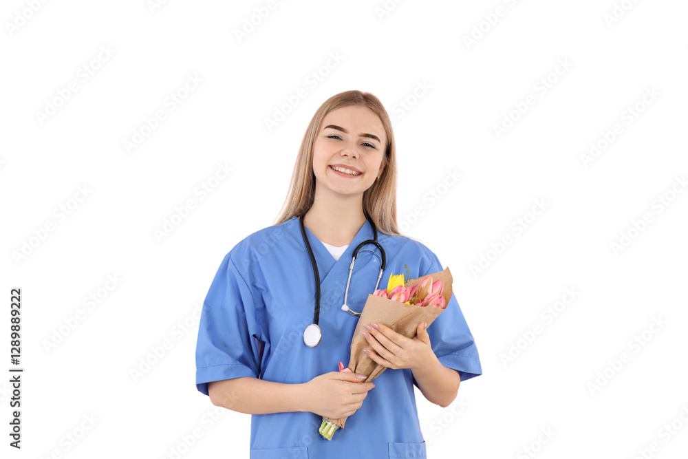 PNG, 8 March. Girl doctor with flowers, isolated on white background. PNG, 8 March. Girl doctor with flowers, isolated on white background.