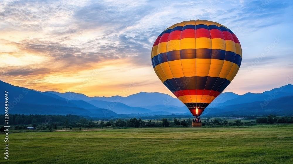 Obraz premium Colorful hot air balloon on beautiful sunrise over mountains and green fields landscape