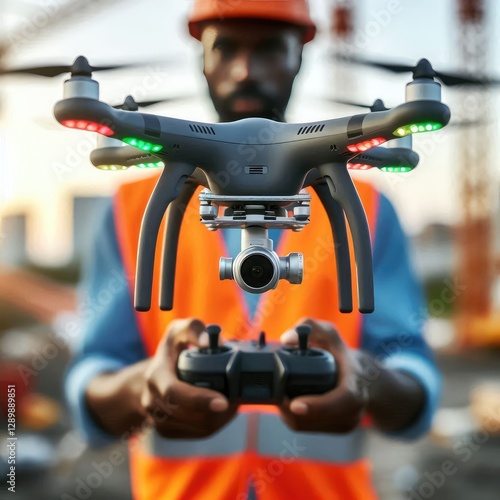 Young african engineer flying UAV drone over construction site, civil engineering project