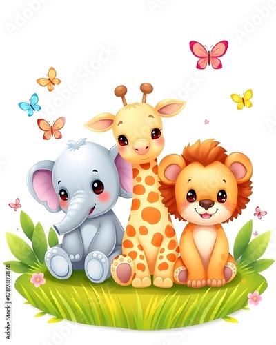 Cute Cartoon Animals Sitting on Grass with Butterflies Illustration