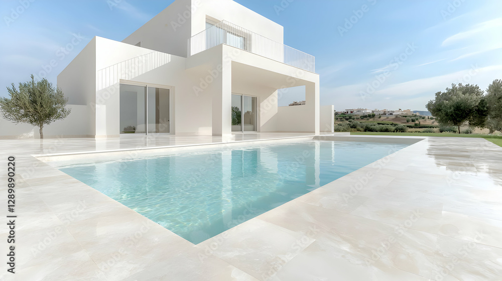Fototapeta premium Modern white villa, poolside, sunny day, landscape background, real estate