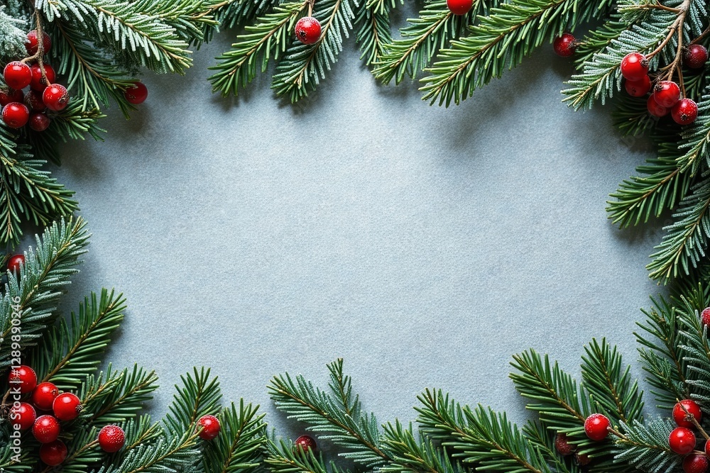 Festive winter border of frosted evergreen branches and vibrant red berries on a soft blue background, perfect for holiday greetings or winter celebrations. Festive winter border of frosted evergreen branches and vibrant red berries on a soft blue background, perfect for holiday greetings or winter celebrations.