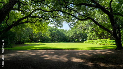 Lush Green Park Landscape with Overhanging Tree Branches photo