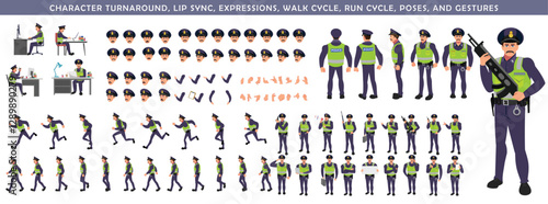
Police Officer Character Design Model Sheet. Man, Character design. Front, side, back view and explainer animation poses. Character set with lip sync and Walk cycle animation sequences.
