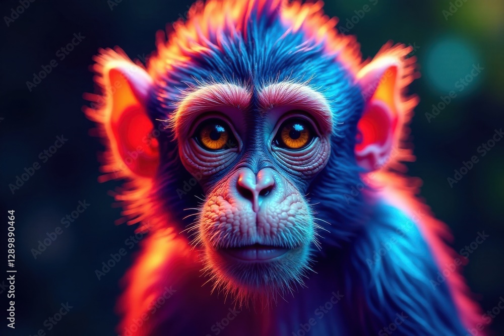 Vibrant primate portrait, a close-up study of a young monkey illuminated with dynamic neon colors, showcasing intricate details of fur and expressive eyes Vibrant primate portrait, a close-up study of a young monkey illuminated with dynamic neon colors, showcasing intricate details of fur and expressive eyes