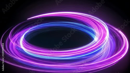 Vibrant Swirl of Neon Lights in Pink and Blue Creates Dynamic Spiral and Circular Patterns Against Dark Background, Evoking Sense of Motion and Energy