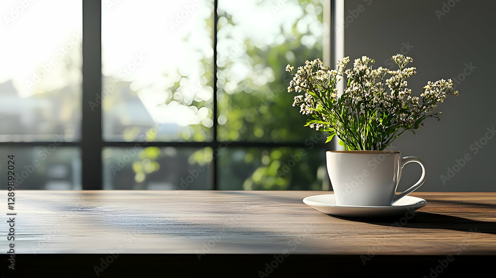 White Flowers in Teacup on Wooden Table by Window in Sunlight White Flowers in Teacup on Wooden Table by Window in Sunlight