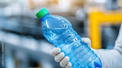 Hand Holding Clear Plastic Bottle in a Manufacturing Facility photo