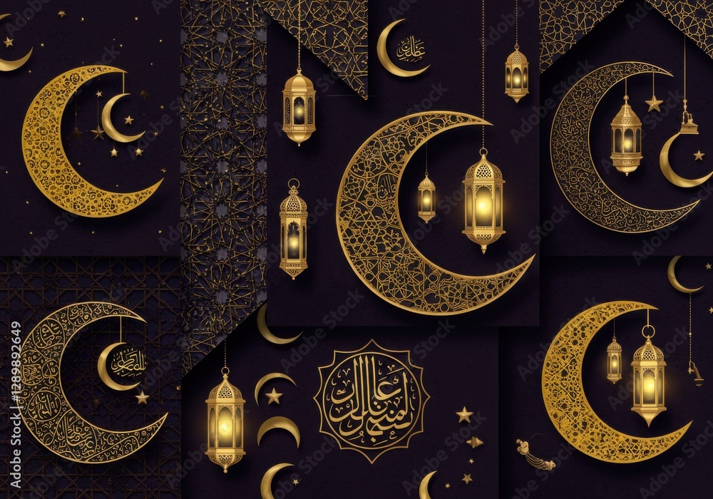 A stunning wallpaper pack featuring golden Islamic patterns, crescent moons, and lanterns set against rich, dark backgrounds. A stunning wallpaper pack featuring golden Islamic patterns, crescent moons, and lanterns set against rich, dark backgrounds.